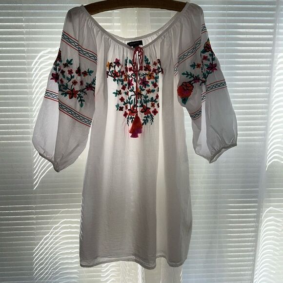 PRIMARK M White Embroidered Floral Beach Cover Up Quarter Sleeve Cotton Tunic - Picture 1 of 9